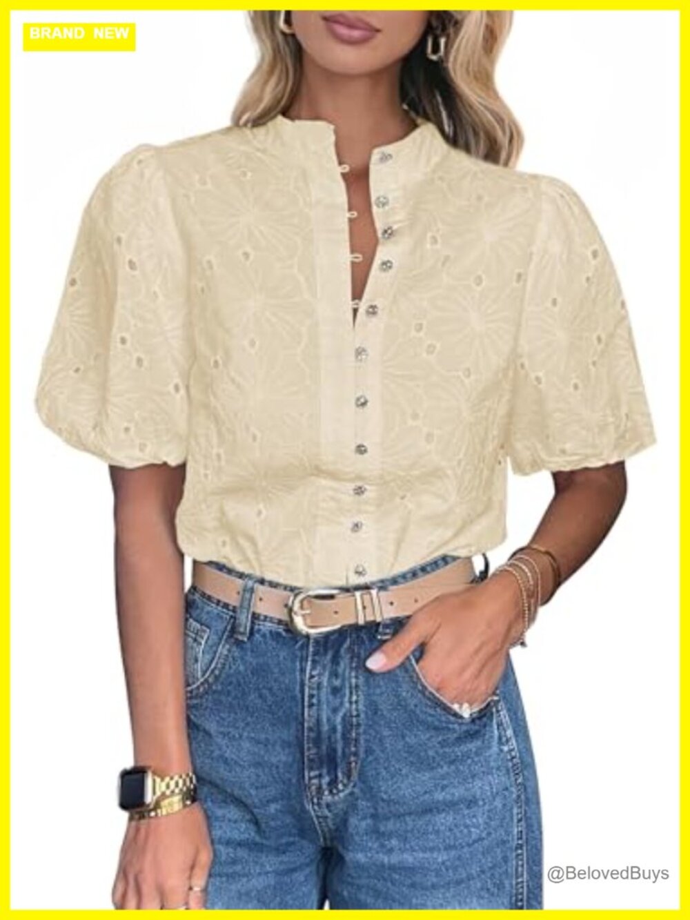 Womens Boho Blouse Embroidered Eyelet Cotton Button Down V Neck Short Sleeve